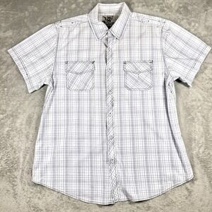 MK Machine Y2K Mens Button Up Shirt L Plaid Short Sleeve Grunge